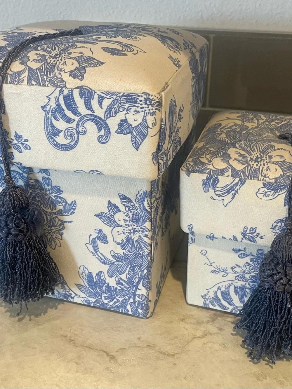 Blue Floral Decorative Storage Boxes with Tassels - Home Accents